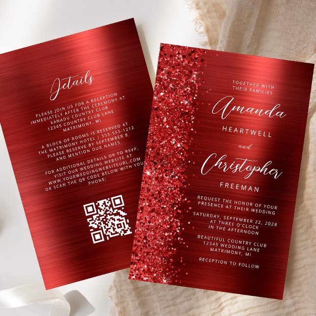 Faire-part de mariage de code QR de Glam rouge bud (Créateur téléchargé)