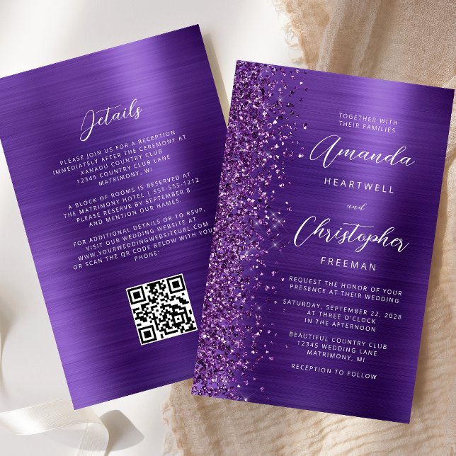 Faire-part de mariage de code QR de Glam violet bu (Créateur téléchargé)