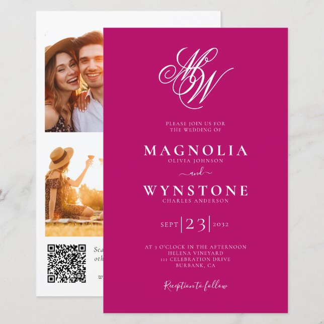 Faire-part de mariage de code QR de monogramme élé (Devant / Derrière)