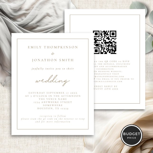 Faire-part de mariage de code QR du script Gold du (Front and back view)