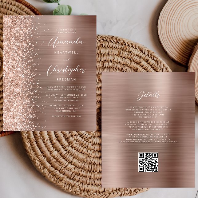 Faire-part de mariage de code QR Gold Glam Rose bu (Créateur téléchargé)