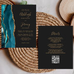 Faire-part de mariage de code QR Gold Turquoise<br><div class="desc">Économisez le coût d'impression et d'envoi de cartes RSVP séparées avec cet élégant faire-part de mariage tout-en-un moderne. Le bord gauche présente une bordure d'aquarelle bleue turquoise, recouverte d'une fausse parties scintillant dorée. Le texte personnalisable combine écriture manuscrite dorée, cuivre et polices italiques sur un arrière - plan noir ardoise....</div>