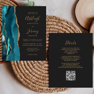 Faire-part de mariage de code QR Gold Turquoise