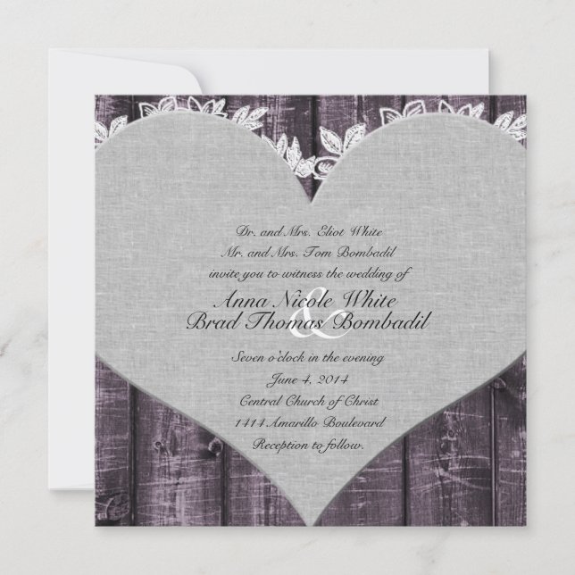 Faire-part de mariage de coeur en bois violet rust (Devant)