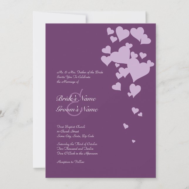 Faire-part de mariage de coeur pourpre (Devant)