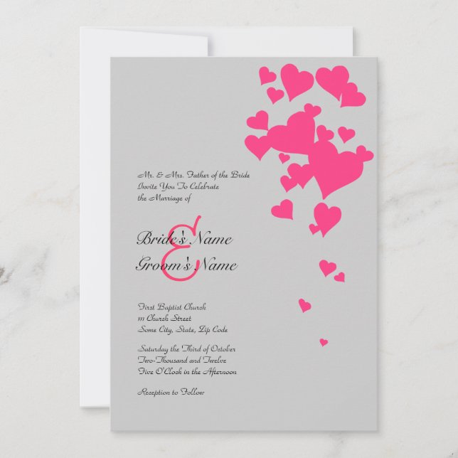 Faire-part de mariage de Coeurs roses et gris (Devant)
