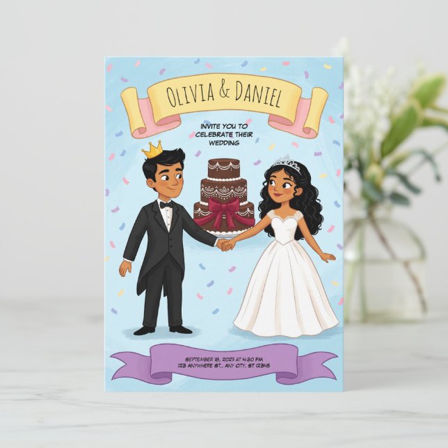 Faire-part de mariage de couple de dessin animé mi (Debout devant)