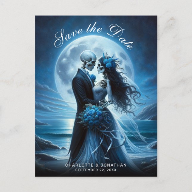 Faire-part de mariage de couple de squelettes bleu (Devant)