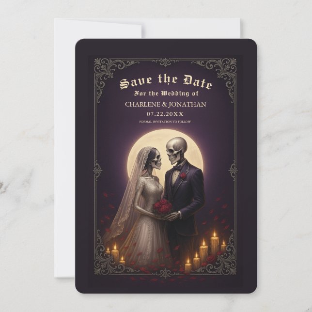 Faire-part de mariage de couple de squelettes goth (Devant)