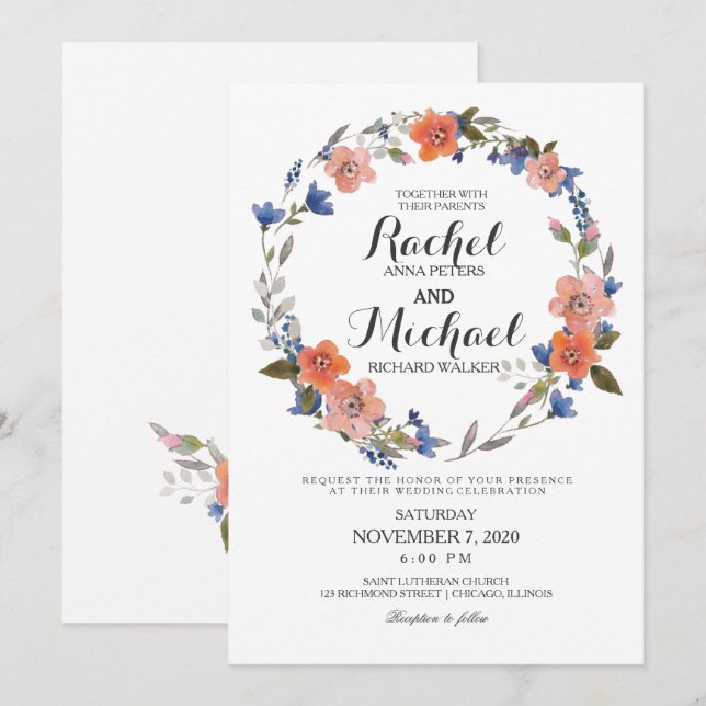 Faire-part de mariage de couronne florale romantiq (Devant / Derrière)