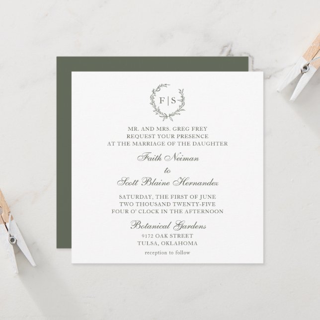 Faire-part de mariage de couronne verte classique (Devant/Arrière en situation)