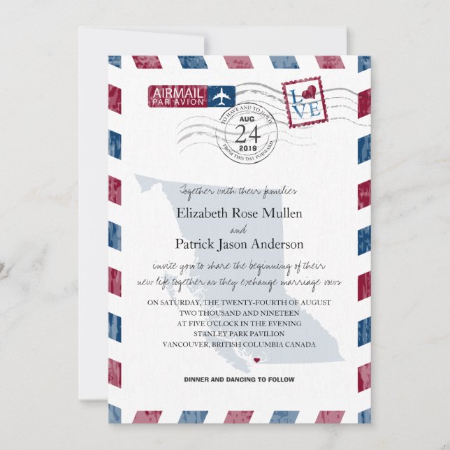 Faire-part de mariage de courrier aérien de la Col (Devant)