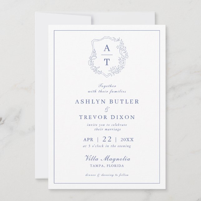 Faire-part de mariage de crête de monogramme bleu (Devant)