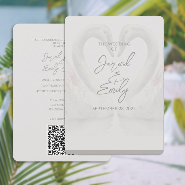 Faire-part de mariage de cygne avec code QR (Swan Wedding Invitation with QR Code (front and back))
