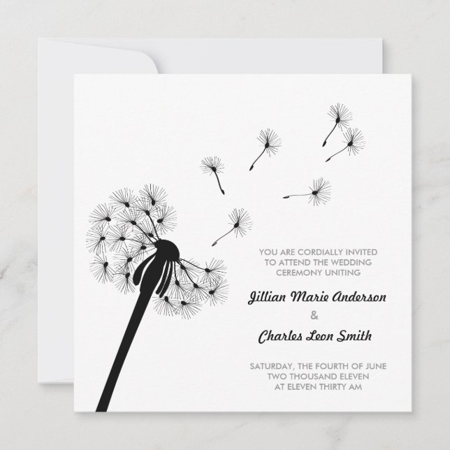 Faire-part de mariage de Dandelion noir et blanc (Devant)