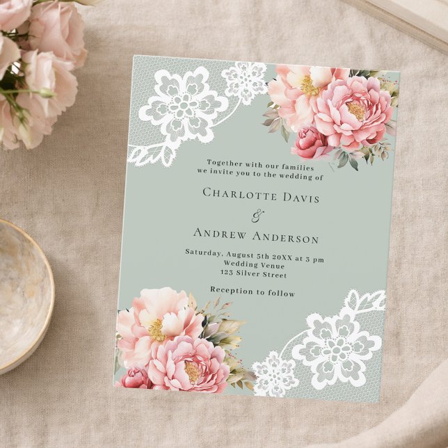 Faire-part de mariage de dentelle de couleur verte (Créateur téléchargé)