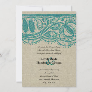 Faire-part de mariage de dentelle en lin et Turquo