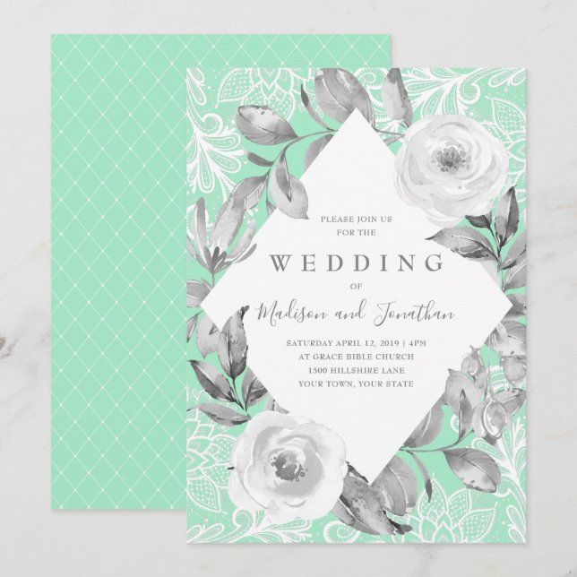Faire-part de mariage de dentelle florale gris de  (Devant / Derrière)