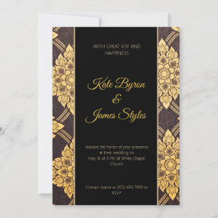 Faire-part de mariage de design floral noir et or