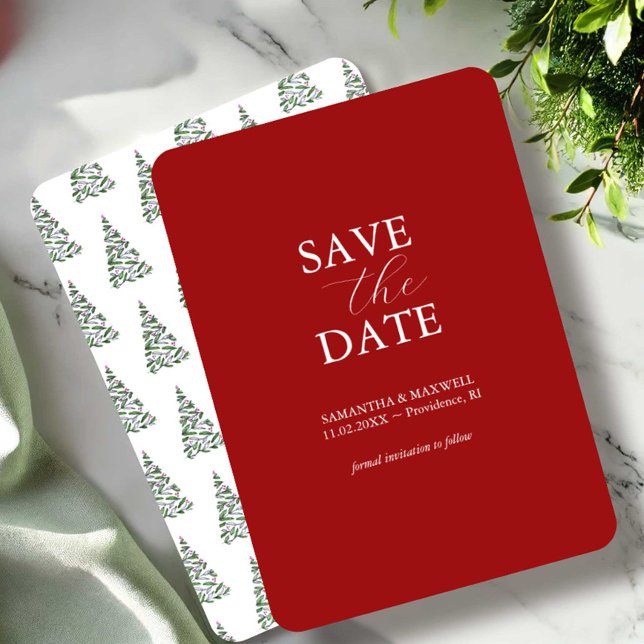 Faire-part de mariage de fêtes de fin d'année avec (Holiday wedding save the date invitations watercolor Christmas trees art by Victoria Grigaliunas)