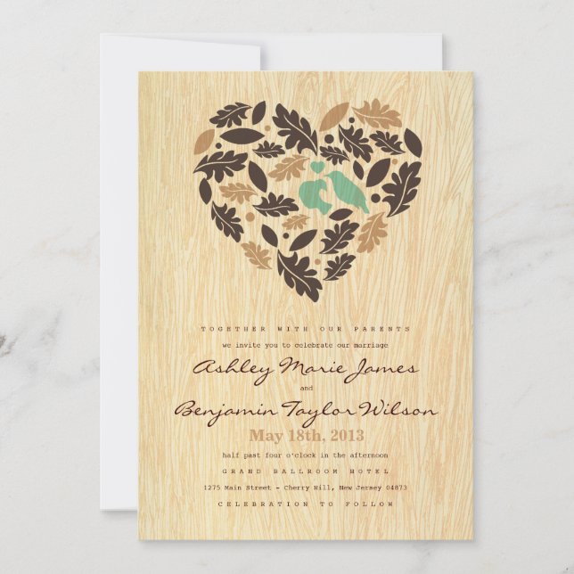 Faire-part de mariage de feuilles et de coeur Insé (Devant)
