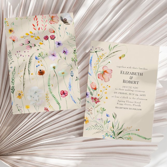 Faire-part de mariage de Fleur sauvage d'aquarelle (Taupe Watercolor Wildflower Wedding Invitation on a sunny neutral dry palm leaf.)