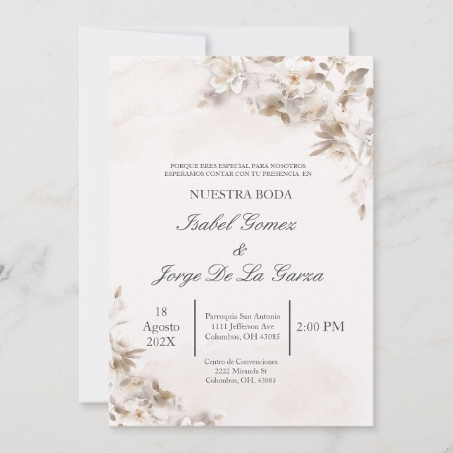 Faire-part de mariage de fleurs beige en espagnol (Devant)