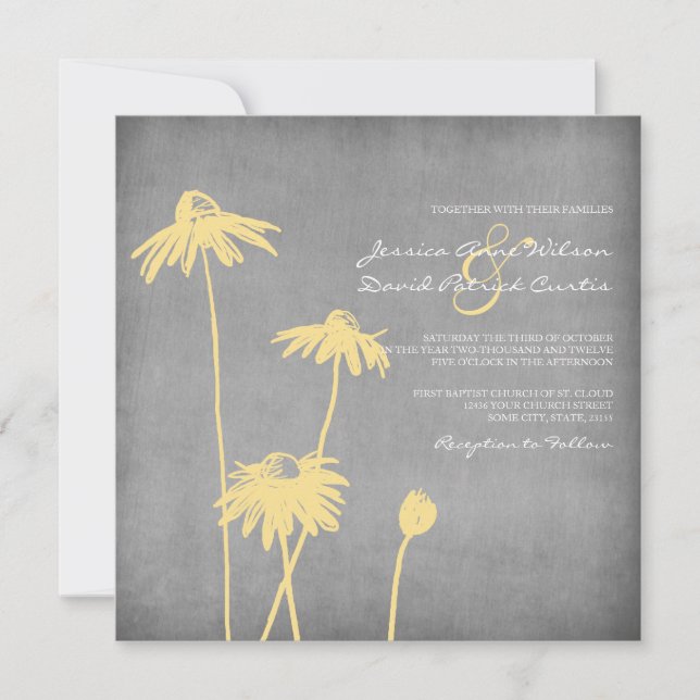 Faire-part de mariage de fleurs chic jaune et gris (Devant)