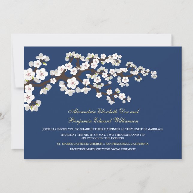 Faire-part de mariage de fleurs de cerisiers (bleu (Devant)