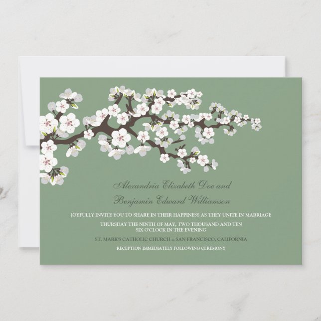 Faire-part de mariage de fleurs de cerisiers (vert (Devant)