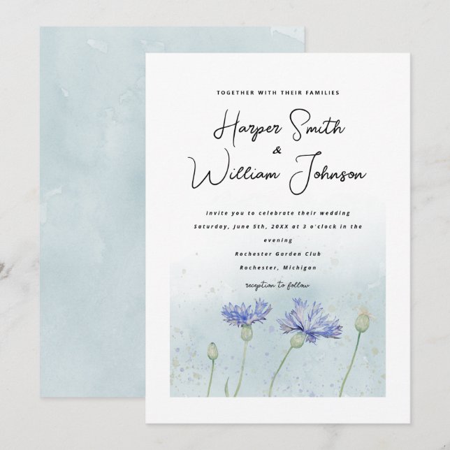 faire-part de mariage de fleurs de corail bleu (Devant / Derrière)