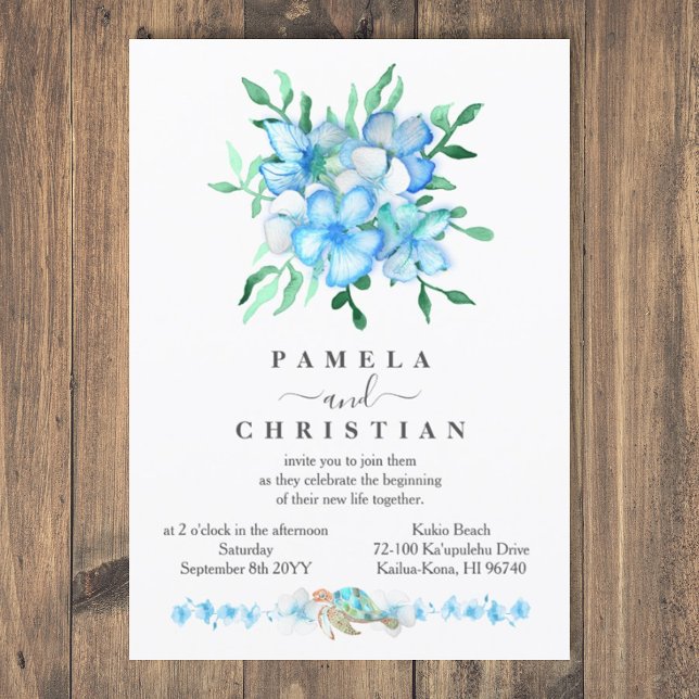 Faire-part de mariage de fleurs d'Hibiscus bleu tr (tropical blue wedding invitation with watercolor sea turtle, malibu blue, bahama blue tropical plant)