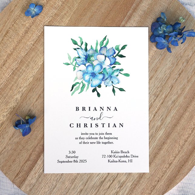 Faire-part de mariage de fleurs d'Hibiscus bleu tr (Tropical Blue Hibiscus Flowers Wedding Invitations, Green Eucalyptus Leaves)