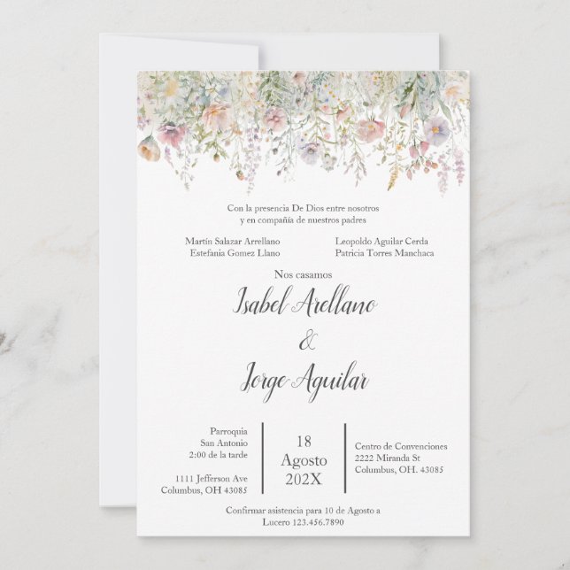 Faire-part de mariage de fleurs sauvages espagnole (Devant)
