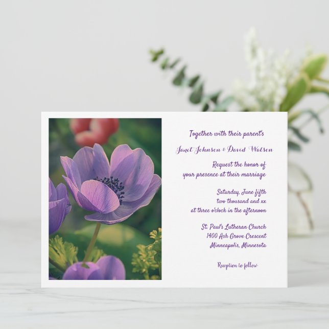 Faire-part de mariage de fleurs violettes (Debout devant)