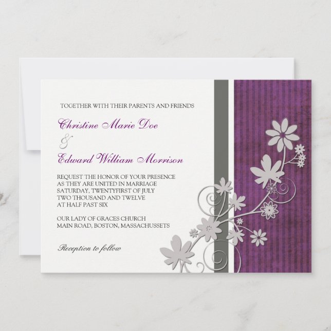 Faire-part de mariage de fleurs violettes et charb (Devant)