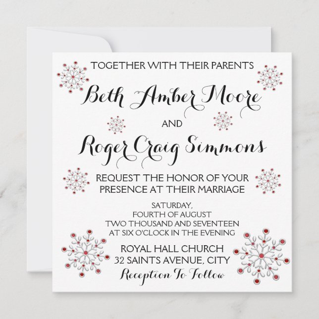 Faire-part de mariage de flocon de neige rouge et  (Devant)