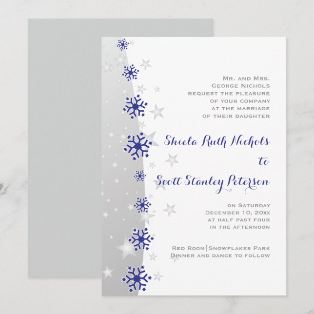 Faire-part de mariage de flocon gris bleu et argen (Devant / Derrière)