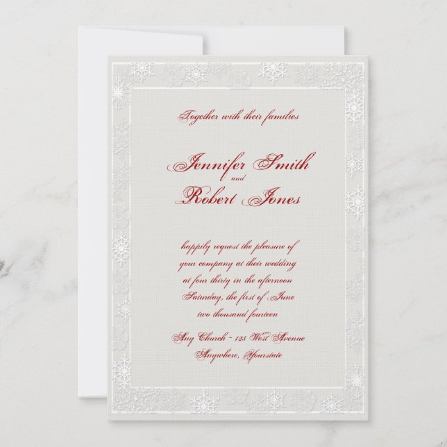 Faire-part de mariage de flocons d'argent et blanc (Devant)