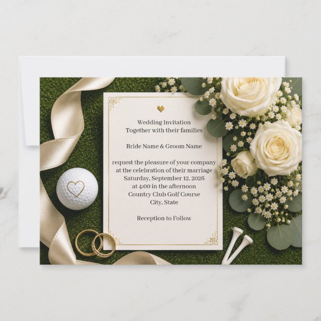 Faire-part de mariage de golf avec des roses blanc (Devant)