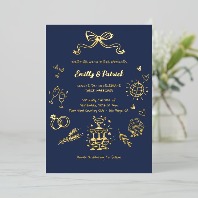 Faire-part de mariage de gribouillis bleu et or (Debout devant)