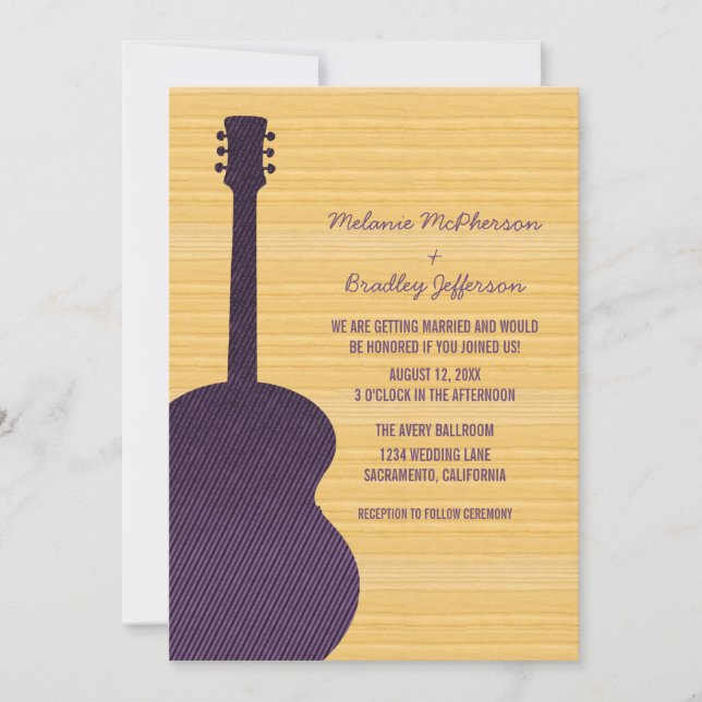 Faire-part de mariage de guitare du pays pourpre (Devant)