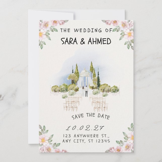 Faire-part de mariage de jardin à l'aquarelle élég (Devant)