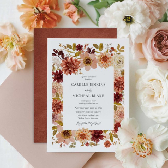 Faire-part de mariage de jardin élégant (Elegant Fall Floral Burgundy Terracotta Wedding Invite)