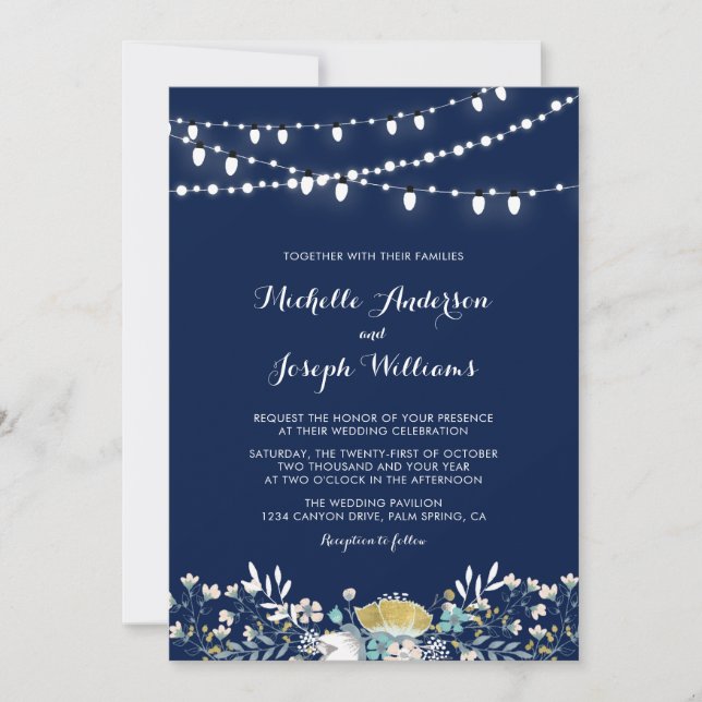 Faire-part de mariage de jardin nocturne Navy & Go (Devant)