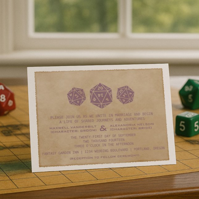 Faire-part de mariage de joueur de dés de purple G (Purple Grunge D20 Dice Gamer Wedding Invitation)