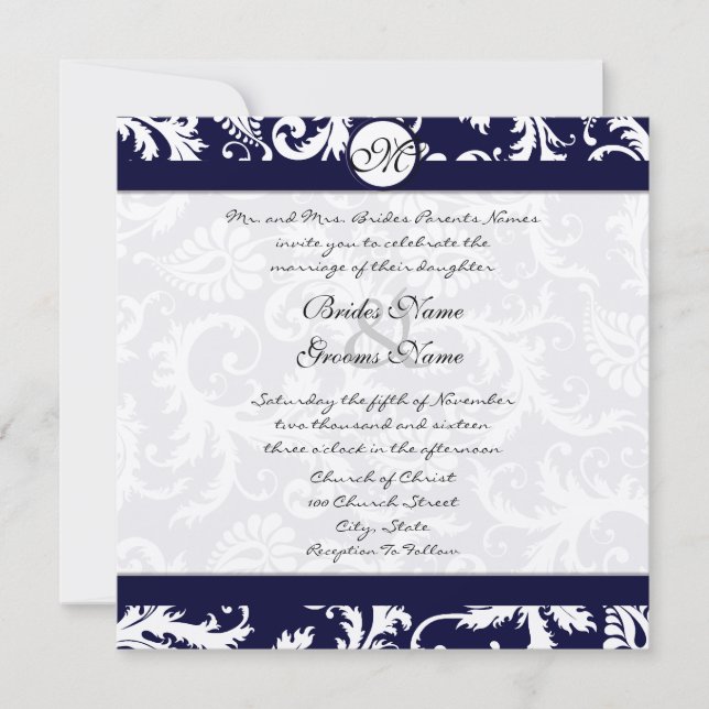 Faire-part de mariage de la Marine Damask Swils (Devant)