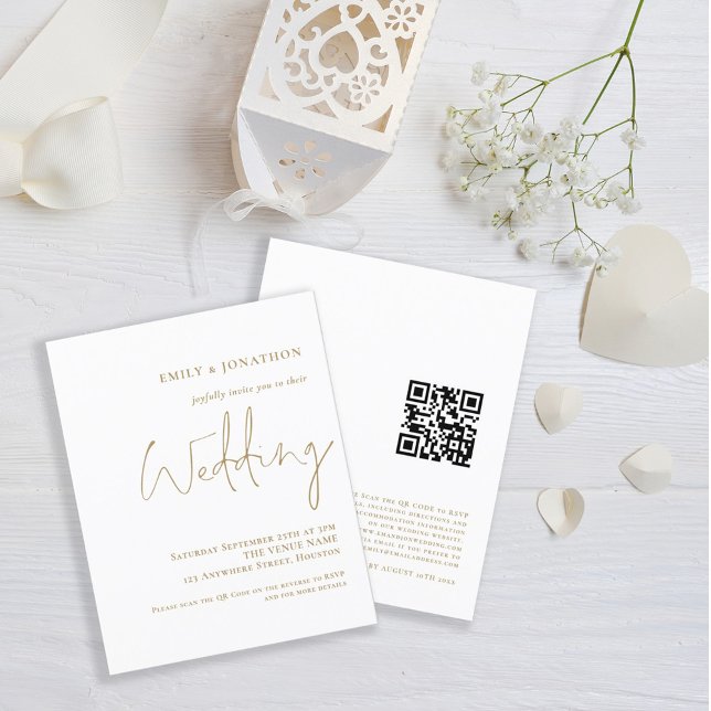 Faire-part de mariage de la typographie or du code (Front ad back view. Budget price smaller size value invitation.)