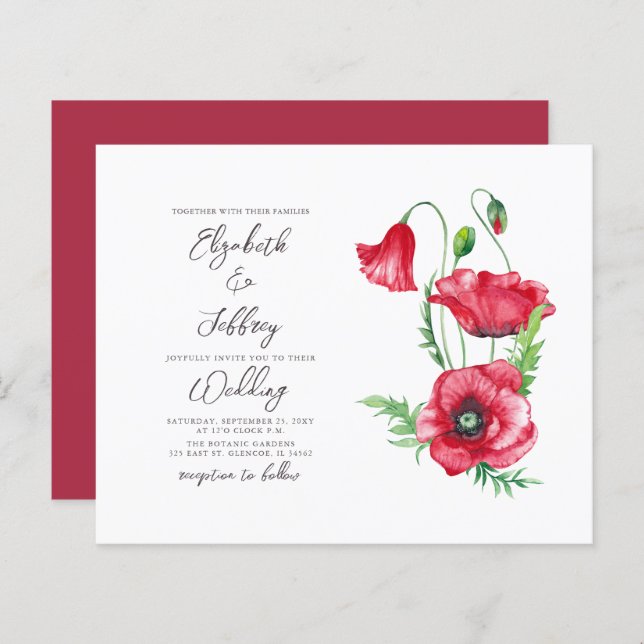 Faire-part de mariage de l'aquarelle rouge budget (Devant / Derrière)