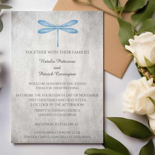 Faire-part de mariage de libellules bleus (Blue Dragonfly Wedding Invitation)